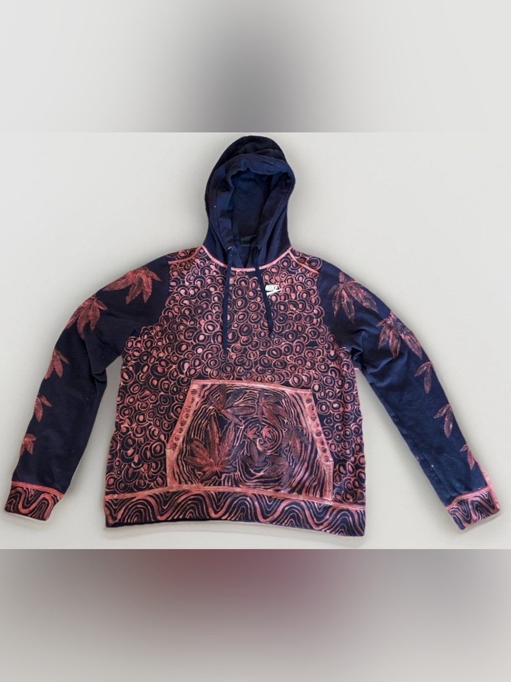 Custom Hand Painted Nike Pullover Hoodie with Spiral Pot Leaf Design, Medium.
